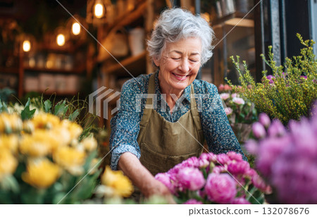 Happy senior woman florist with short white hair and apron smiling while working with chrysanthemums in her boutique flower shop. Captures small business, passion, and joyful work with natural light 132078676