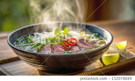 A steaming, close-up bowl of authentic Vietnamese Pho Bo with rare beef slices, fresh herbs, chili, bean sprouts, showcasing aromatic broth, rich flavors, representing asian cuisine, comfort food A steaming, close-up bowl of authentic Vietnamese Pho Bo with rare beef slices, fresh herbs, chili, bean sprouts, showcasing aromatic broth, rich flavors, representing asian cuisine, comfort food 132078684