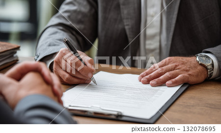 professional, dressed in a grey suit jacket, using a pen to sign contract or legal document on a clipboard. The image captures the decisive moment of final agreement or negotiation between two parties professional, dressed in a grey suit jacket, using a pen to sign contract or legal document on a clipboard. The image captures the decisive moment of final agreement or negotiation between two parties 132078695