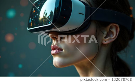 girl in the Virtual Reality Mask in the Modern Future of Innovation 132078768