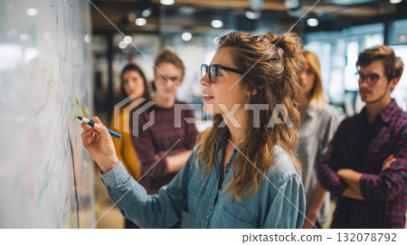 A confident young businesswoman in casual denim and glasses leads a brainstorming session, writing on a whiteboard with a marker. She is presenting ideas or strategy to her attentive, diverse team 132078792