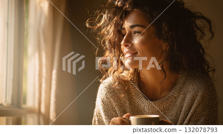 Serene Young Woman with Beautiful Curly Hair Smiling, Looking Out Window While Enjoying a Cozy Morning Coffee or Tea in Warm Golden Sunlight 132078793