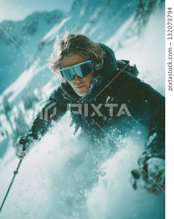 A dramatic, close-up shot of a male skier or snowboarder descending a mountain, creating a massive spray of fresh powder snow. The man wears goggles and a black jacket 132078794