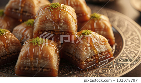 Extreme close-up of a piece of golden Baklava, a traditional Middle Eastern or Mediterranean dessert 132078797