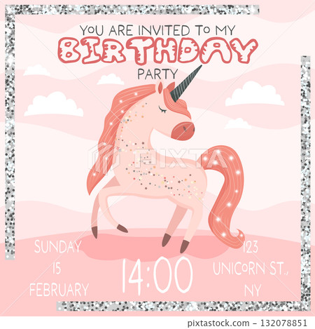 cute kids birthday invitation with unicorn in pink colors	 132078851
