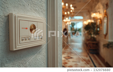 A close-up of a retro-styled smart home or intercom panel on a wall, sharply contrasted with the opulent, blurred background of a luxury hotel or mansion hallway. A close-up of a retro-styled smart home or intercom panel on a wall, sharply contrasted with the opulent, blurred background of a luxury hotel or mansion hallway. 132078880