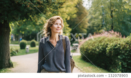 A beautiful, happy adult woman enjoying a peaceful walk on a park path during autumn. Her relaxed smile and the sunlight filtering through the trees evoke wellness, leisure, nature connection A beautiful, happy adult woman enjoying a peaceful walk on a park path during autumn. Her relaxed smile and the sunlight filtering through the trees evoke wellness, leisure, nature connection 132078903