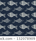 pattern with hand drawn fish, on blue background, linear drawing 132078909