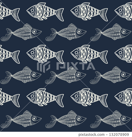 pattern with hand drawn fish, on blue background, linear drawing pattern with hand drawn fish, on blue background, linear drawing 132078909