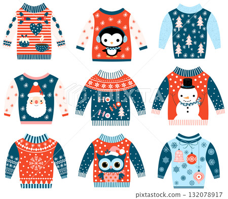 Einter and Cristmas vector ugly and cute sweaters in flat style in blue and red colors with owl 132078917