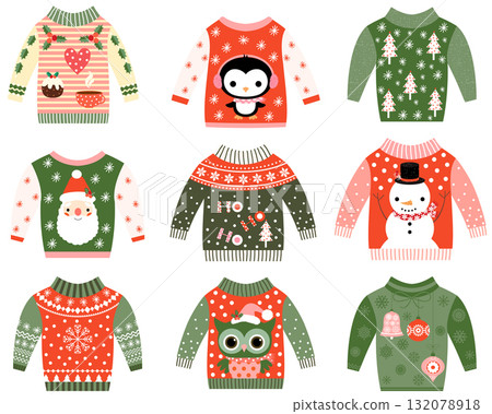 Cute ugly Christmas sweater designs vector set, Sweater party invitation clip art collection in red and green colors 132078918