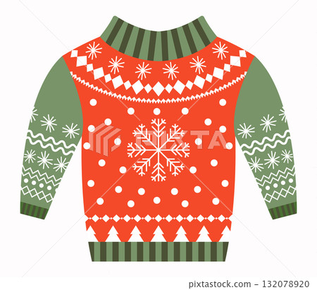 Red and green vector ugly Christmas sweater with snowflakes, tacky jumper Red and green vector ugly Christmas sweater with snowflakes, tacky jumper 132078920