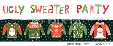 Ugly sweater party banner, invitation or poster for Christmas holiday celebrations 132078967