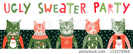 Vintage Hipster Ugly Christmas Sweater Party Banner, Invitation or Poster with Funny Halftone Cat Design and Hand Drawn Lettering 132078968
