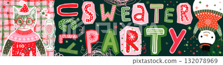 Funny Ugly Christmas Sweater Party Cat and Snowman - Vector Halftone Collage Style Horizontal Banner  132078969