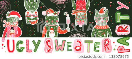 Funny Ugly Christmas Sweater Design with Cute Hipster Cats in Halftone Collage Style, Fun Party Banner and Background Funny Ugly Christmas Sweater Design with Cute Hipster Cats in Halftone Collage Style, Fun Party Banner and Background 132078975