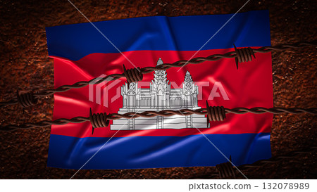 The Cambodia flag and barbed wire for Background 3d Rendering. The Cambodia flag and barbed wire for Background 3d Rendering. 132078989