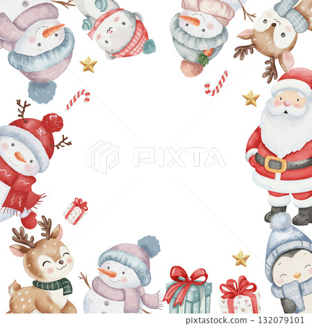 Watercolor Christmas frame with Santa Claus, cute reindeer, snowmen, penguin, and holiday gifts. Festive children illustration with copy space, perfect for greeting cards and winter decor 132079101