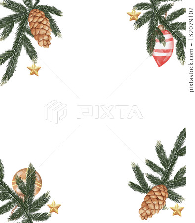 Rectangular watercolor frame with green fir branches, pine cones, and red and gold Christmas ornaments. Hand drawn festive illustration with copy space on white background for holiday designs 132079102