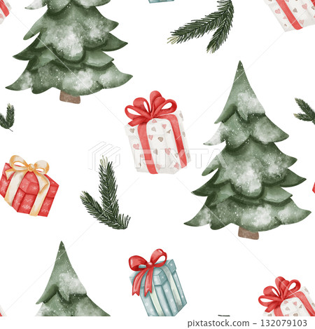 Seamless watercolor pattern with snow-covered Christmas trees, colorful gift boxes with ribbons and green pine branches. Cute festive design on white background, for holiday decor and wrapping paper Seamless watercolor pattern with snow-covered Christmas trees, colorful gift boxes with ribbons and green pine branches. Cute festive design on white background, for holiday decor and wrapping paper 132079103