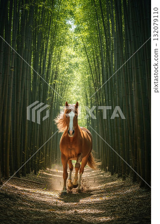 [Postcard] A dynamic horse running through a bamboo forest 132079110
