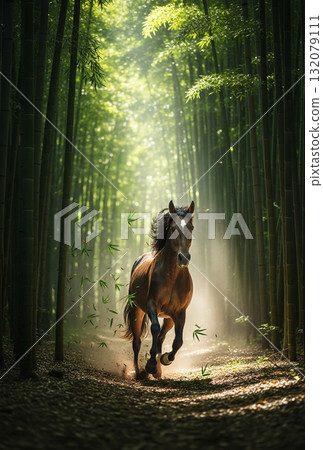 [For postcards] Illustration of a horse in a bamboo forest symbolizing good luck 132079111