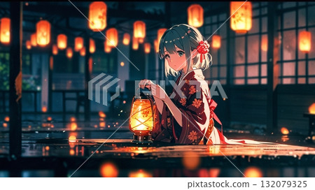 夜晚被燈照亮的女人 132079325