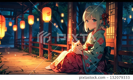 夜晚被燈照亮的女人 132079333