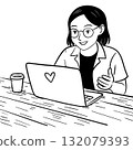 Woman Working on Laptop with Coffee Cup, Doodle Line Art Illustration 132079393