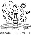 Creative hand drawn illustration showing a hand moving a chess piece symbolizing business strategy, planning, leadership, and decision making. 132079394