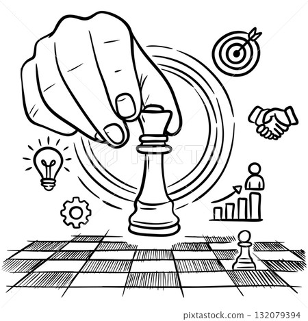 Creative hand drawn illustration showing a hand moving a chess piece symbolizing business strategy, planning, leadership, and decision making. Creative hand drawn illustration showing a hand moving a chess piece symbolizing business strategy, planning, leadership, and decision making. 132079394