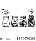 Black and white doodle illustration showing a growing plant in glass jars filled with coins, symbolizing investment, savings, financial growth, and wealth development over time. 132079395