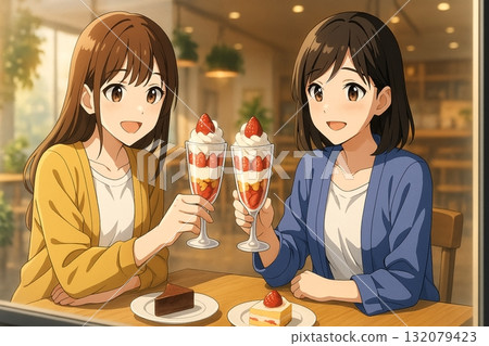 女士們在咖啡館一邊享用甜點一邊舉杯慶祝 女士們在咖啡館一邊享用甜點一邊舉杯慶祝 132079423