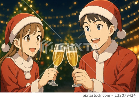 穿著聖誕老人服裝的夫婦在聖誕節舉杯慶祝 穿著聖誕老人服裝的夫婦在聖誕節舉杯慶祝 132079424