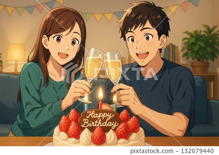 一對夫婦在生日蛋糕前敬酒 132079440