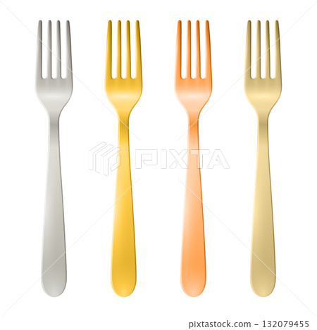 Vector 3d Realistic Silver, Gold, Copper Forks, Isolated. Elegant Metallic Fork Set for Restaurant Menu, Luxury Tableware Design, Kitchen Utensil Branding, Dining Icon. Top View 132079455