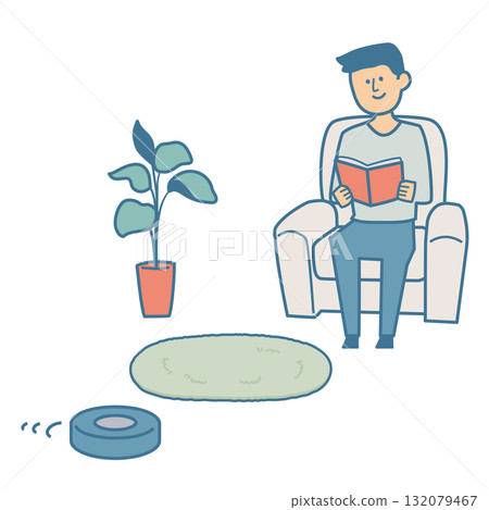 Illustration of a man relaxing in a room with a robot vacuum cleaner Illustration of a man relaxing in a room with a robot vacuum cleaner 132079467