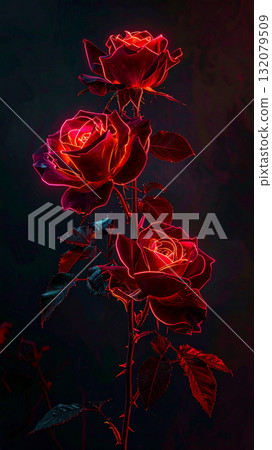 Vertical Neon-Outlined Roses with Glowing Edges on Dark Background Vertical Neon-Outlined Roses with Glowing Edges on Dark Background 132079509