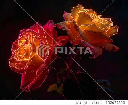 Neon-lit Rose Bloom with Glowing Petal Outlines on Dark Background 132079510