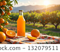 Fresh Orange Juice and Fruits Set Outdoors in Orchard Scene 132079511