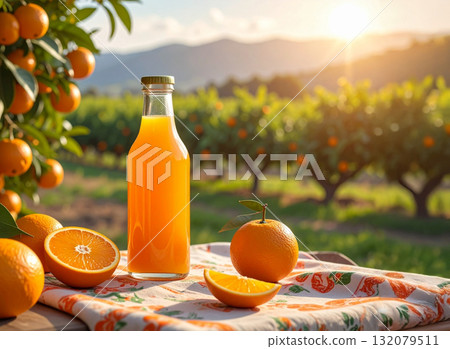 Fresh Orange Juice and Fruits Set Outdoors in Orchard Scene 132079511