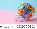 Colorful Question Marks inside Skull-Shaped Container on Pastel Background 132079513