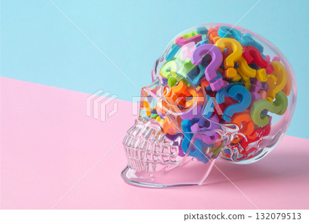 Colorful Question Marks inside Skull-Shaped Container on Pastel Background Colorful Question Marks inside Skull-Shaped Container on Pastel Background 132079513