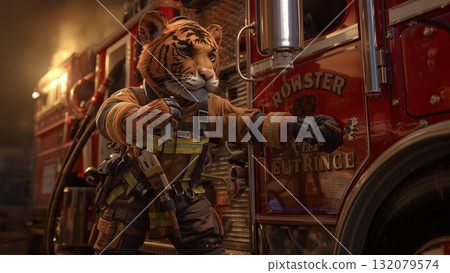 Brave tiger in uniform standing in fire station Brave tiger in uniform standing in fire station 132079574