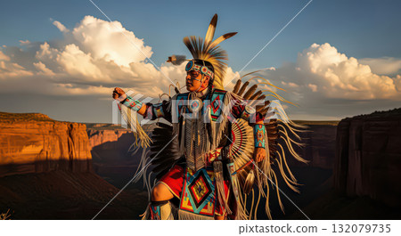 Native American Traditional Attire in Canyon at Sunset 132079735