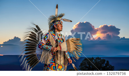 Person in Traditional Attire at Sunset 132079736