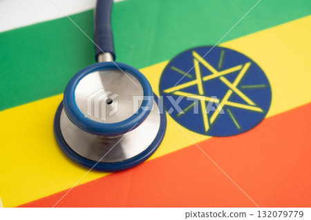Ethiopia flag with black stethoscope, Business and finance concept. Ethiopia flag with black stethoscope, Business and finance concept. 132079779