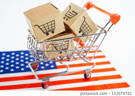 Online shopping, Shopping cart box on US America flag, import export, finance commerce. 132079782