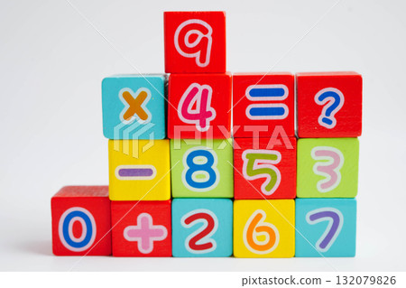 Number wood block cubes for learning Mathematic, education math. 132079826