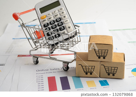 Online shopping, Shopping cart box on business graph, import export, finance commerce. 132079868
